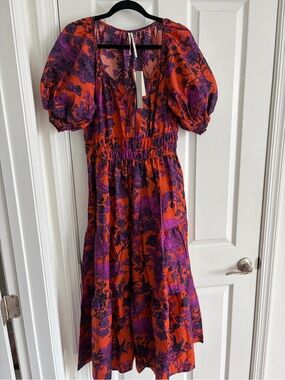 Anthropologie Orange and Purple Floral Puff-Sleeve Midi Dress